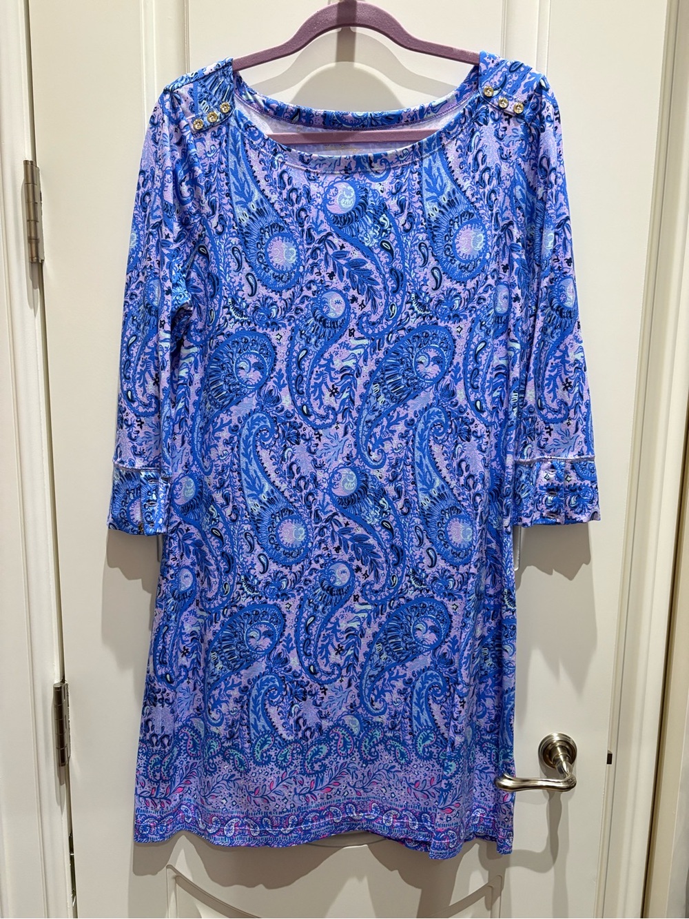 Lilly Pulitzer Blue and Purple Paisley 3/4 Sleeve Shift Dress
